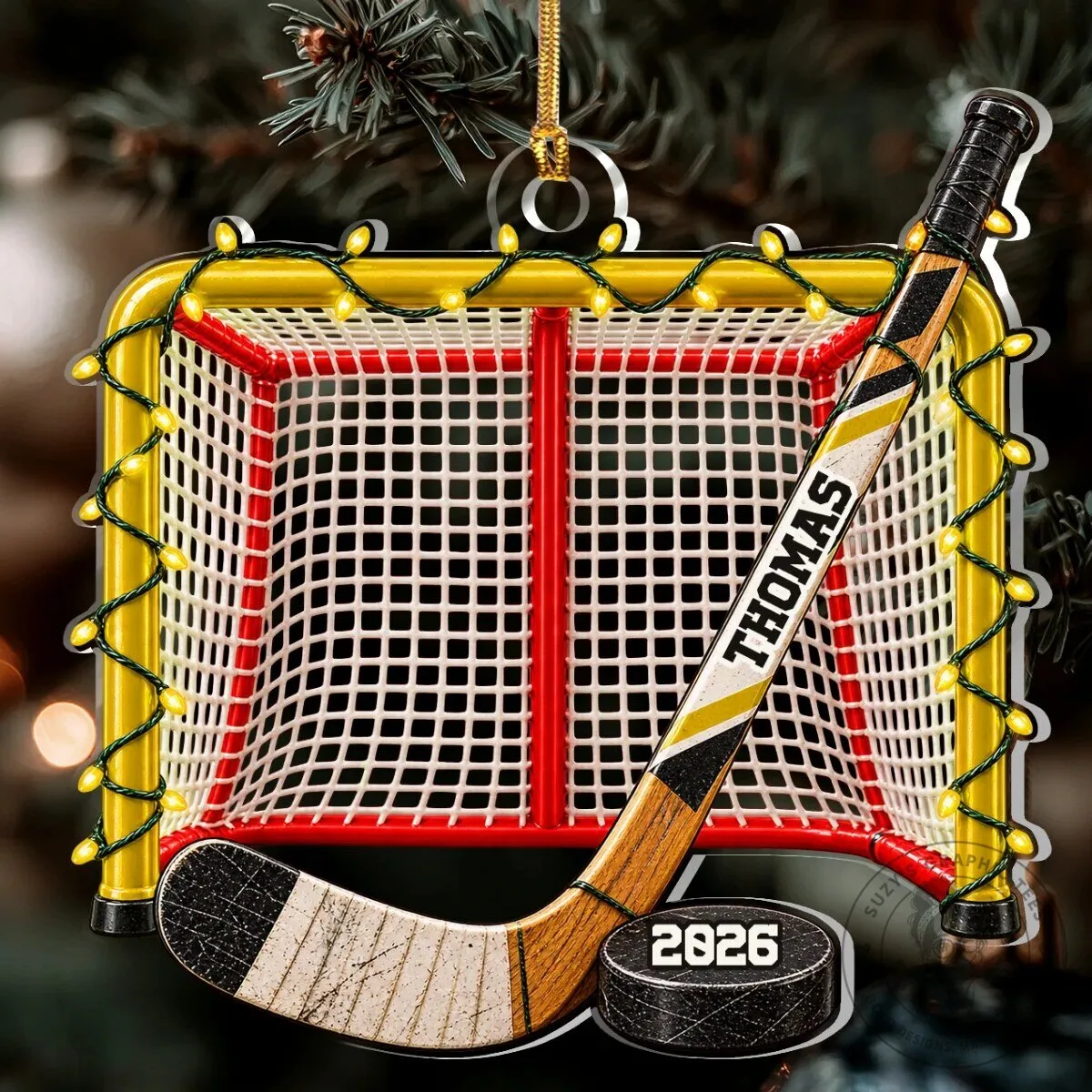 Personalized Hockey Goal and Stick Christmas Tree Ornament 18 Personalized Hockey Goal and Stick Christmas Tree Ornament