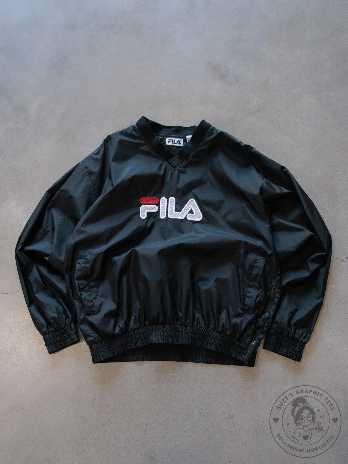 Vintage Fila Black V-Neck Windbreaker Jacket