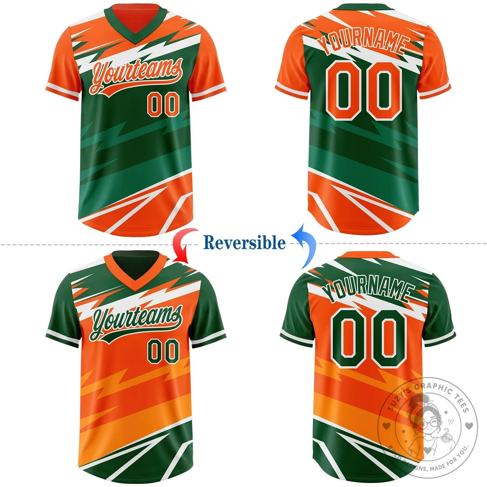 Custom Orange Green Lightning Geometric Zigzag Reversible Pullover Baseball Jersey 10 Custom Orange Green Lightning Geometric Zigzag Reversible Pullover Baseball Jersey