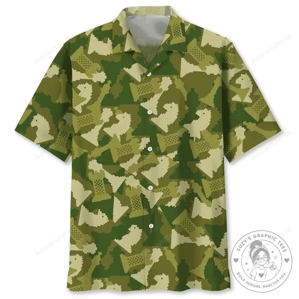 Chess Pieces Camouflage Pattern Men's Short Sleeve Button Down Hawaiian Shirt