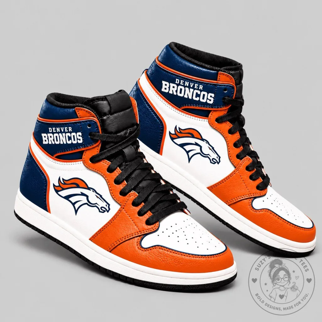 Denver Broncos NFL Team Logo Orange and Blue High-Top Sneakers Denver Broncos NFL Team Logo Orange and Blue High-Top Sneakers