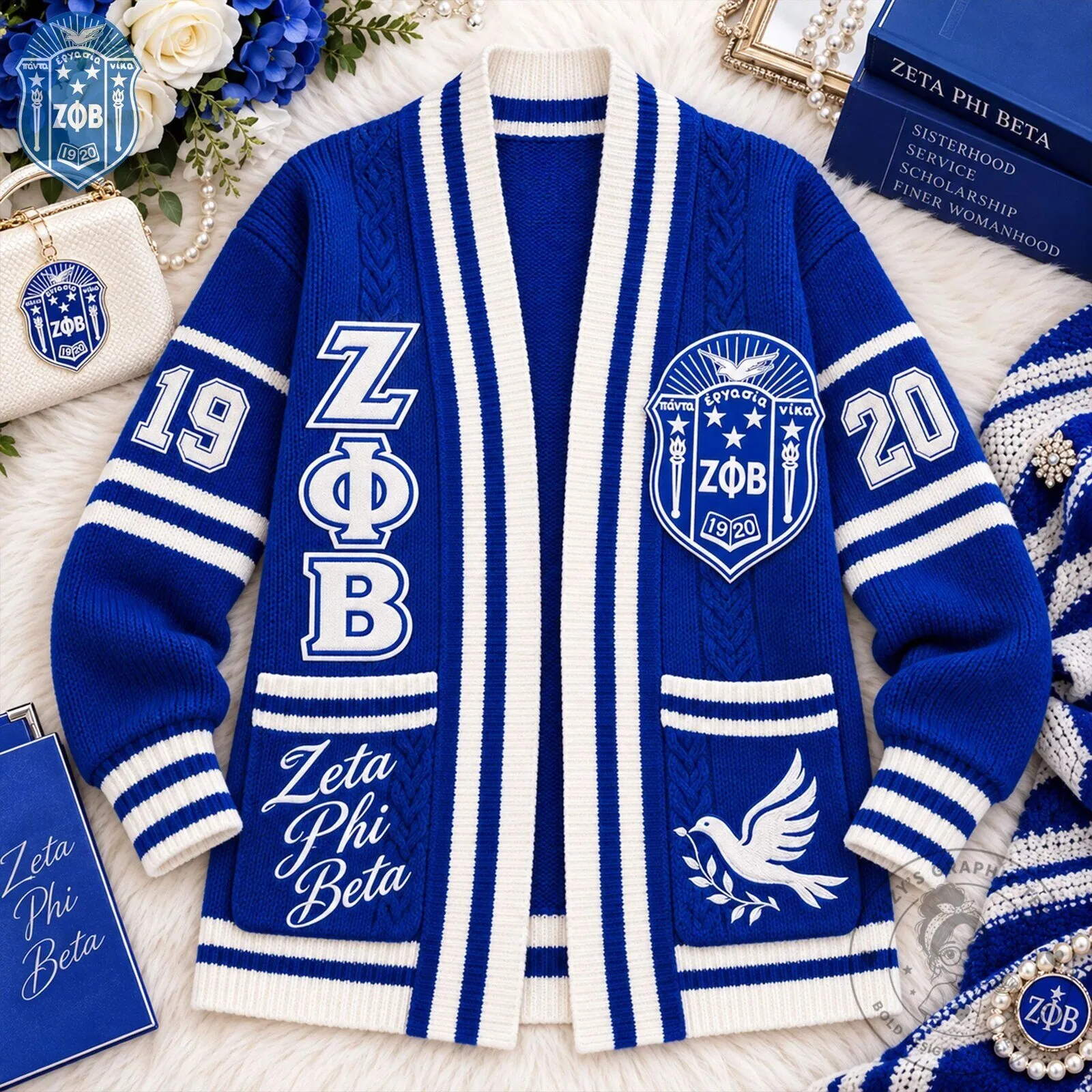 Zeta Phi Beta Sorority Royal Blue Cardigan Sweater