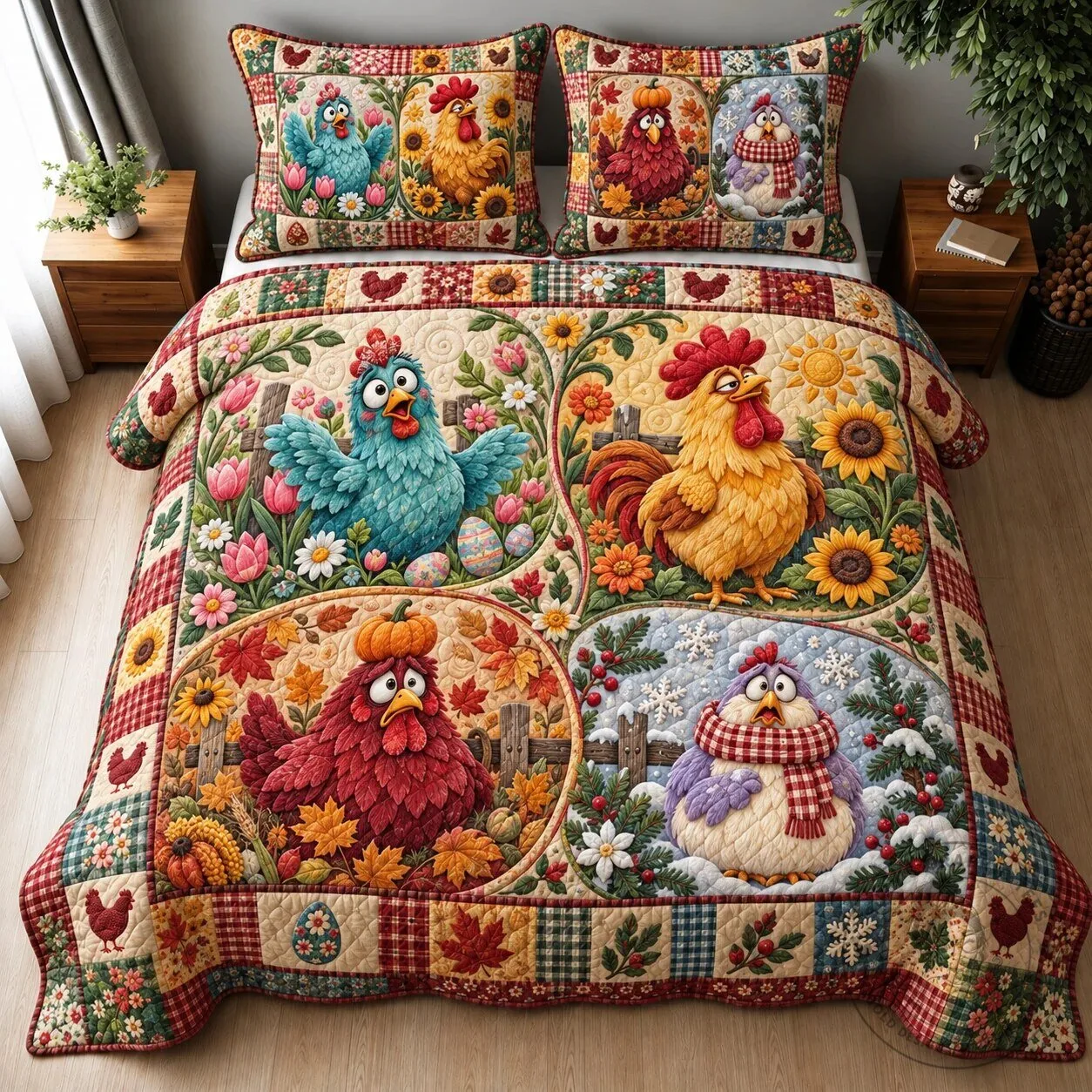 Four Seasons Chicken Quilted Bedding Set