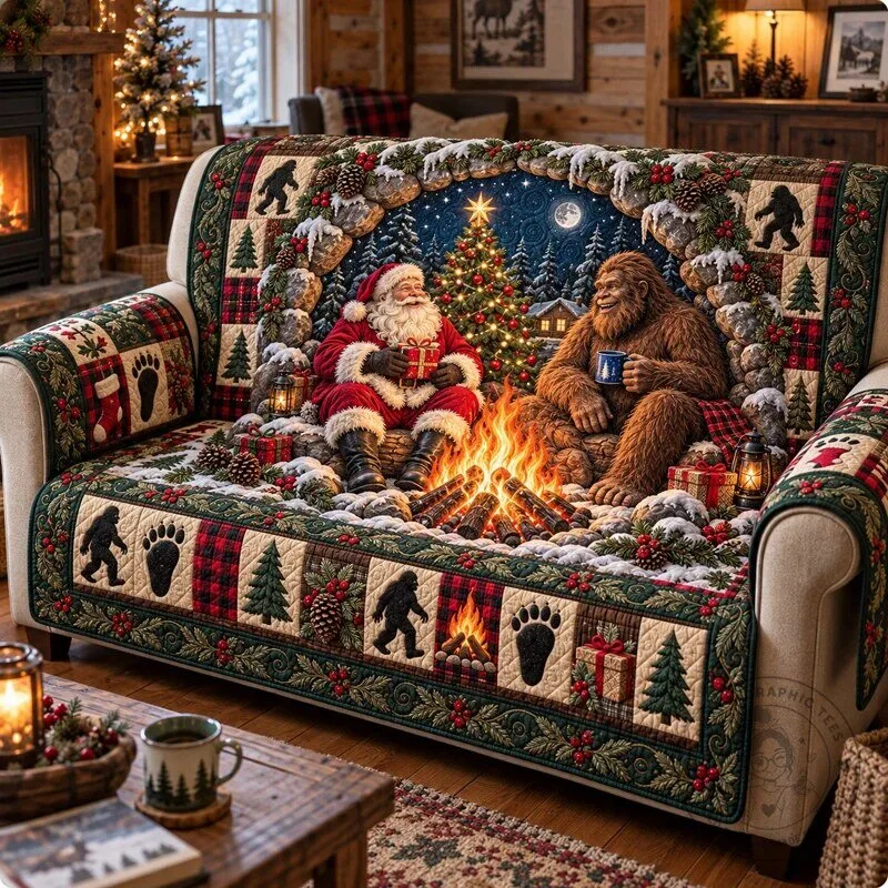 Christmas Santa Claus Bigfoot Fireside Holiday Quilted Sofa Cover