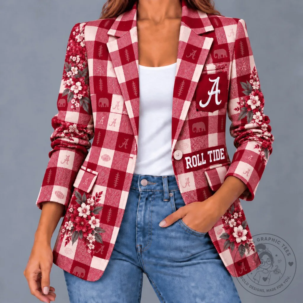 Alabama Crimson Tide Women's Floral Plaid Casual Blazer Jacket Alabama Crimson Tide Women's Floral Plaid Casual Blazer Jacket