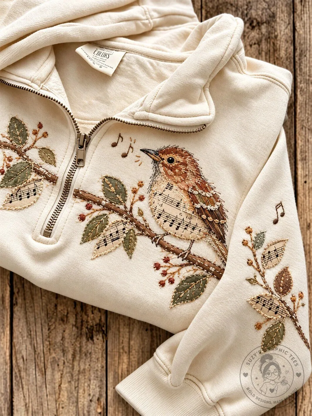 Embroidered Wren Bird and Music Sheet Half-Zip Sweatshirt for Women 2 Embroidered Wren Bird and Music Sheet Half-Zip Sweatshirt for Women