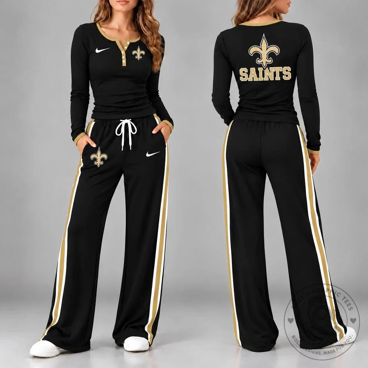 New Orleans Saints Women's Long Sleeve Henley Shirt and Pants Set 3 New Orleans Saints Women