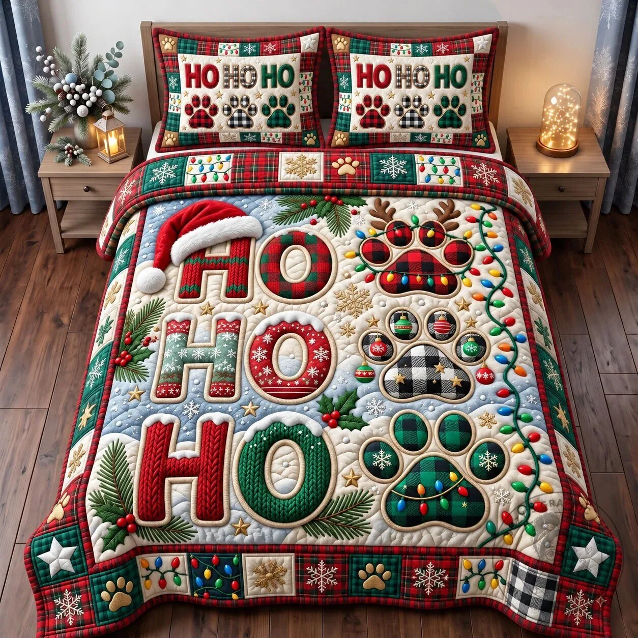 Christmas Ho Ho Ho Paw Print Plaid Pattern Quilted Bedding Set