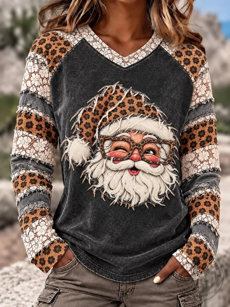 Leopard Print Santa Claus Christmas V-Neck Long Sleeve Shirt for Women 12 Leopard Print Santa Claus Christmas V-Neck Long Sleeve Shirt for Women