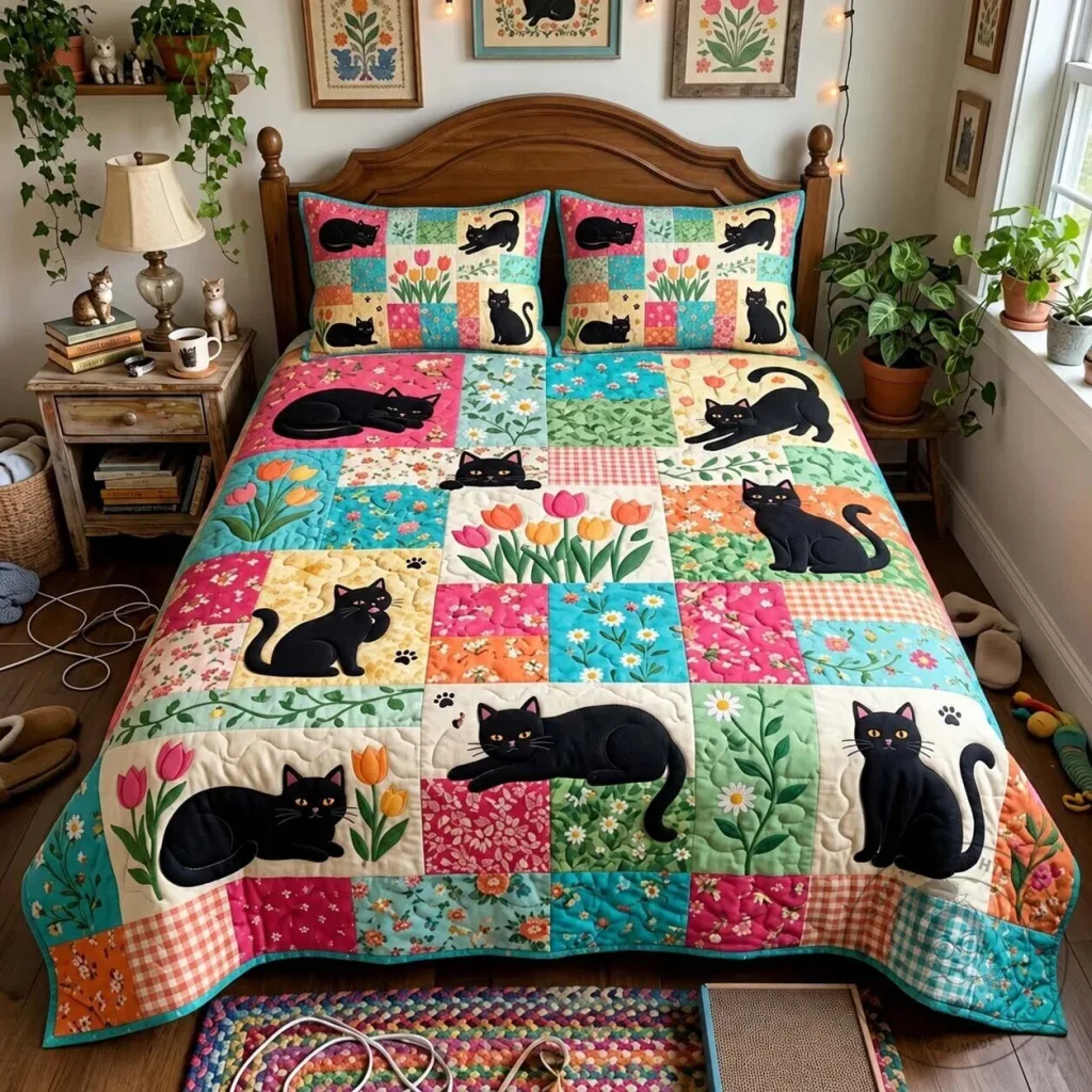 Spring Patchwork Black Cats Quilted Bedding Set with Pillow Shams Spring Patchwork Black Cats Quilted Bedding Set with Pillow Shams