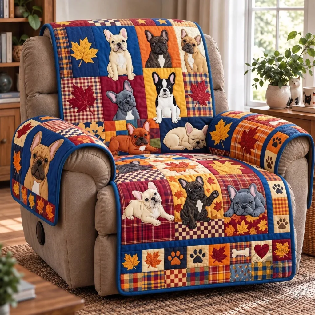 French Bulldog Autumn Leaves Quilted Recliner Cover French Bulldog Autumn Leaves Quilted Recliner Cover