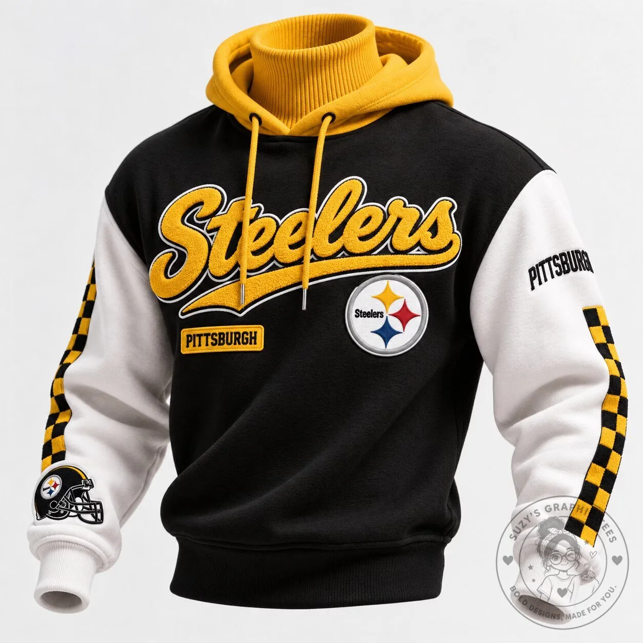 Pittsburgh Steelers Black and Gold Varsity Style Hoodie with Double Collar