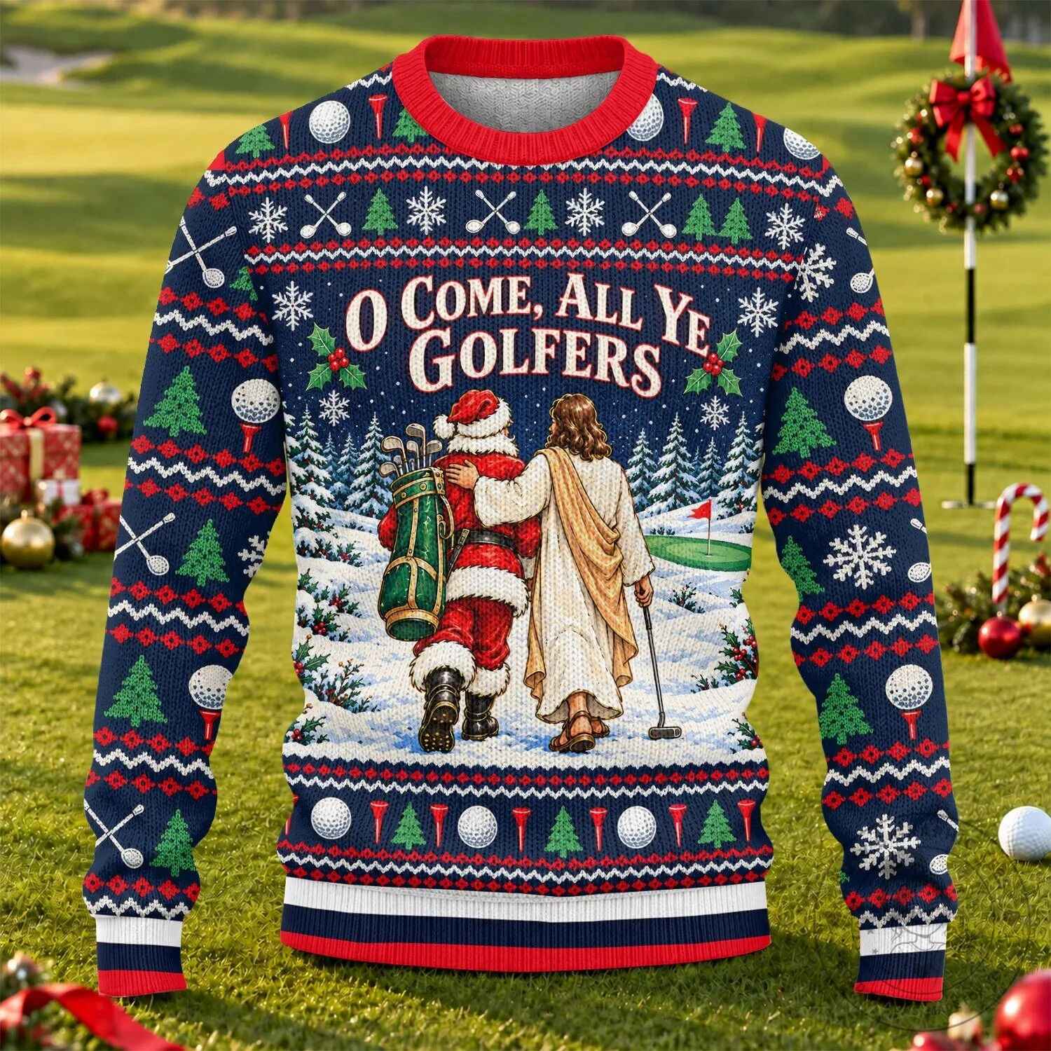 O Come All Ye Golfers Funny Christmas Santa Jesus Golfing Ugly Sweater