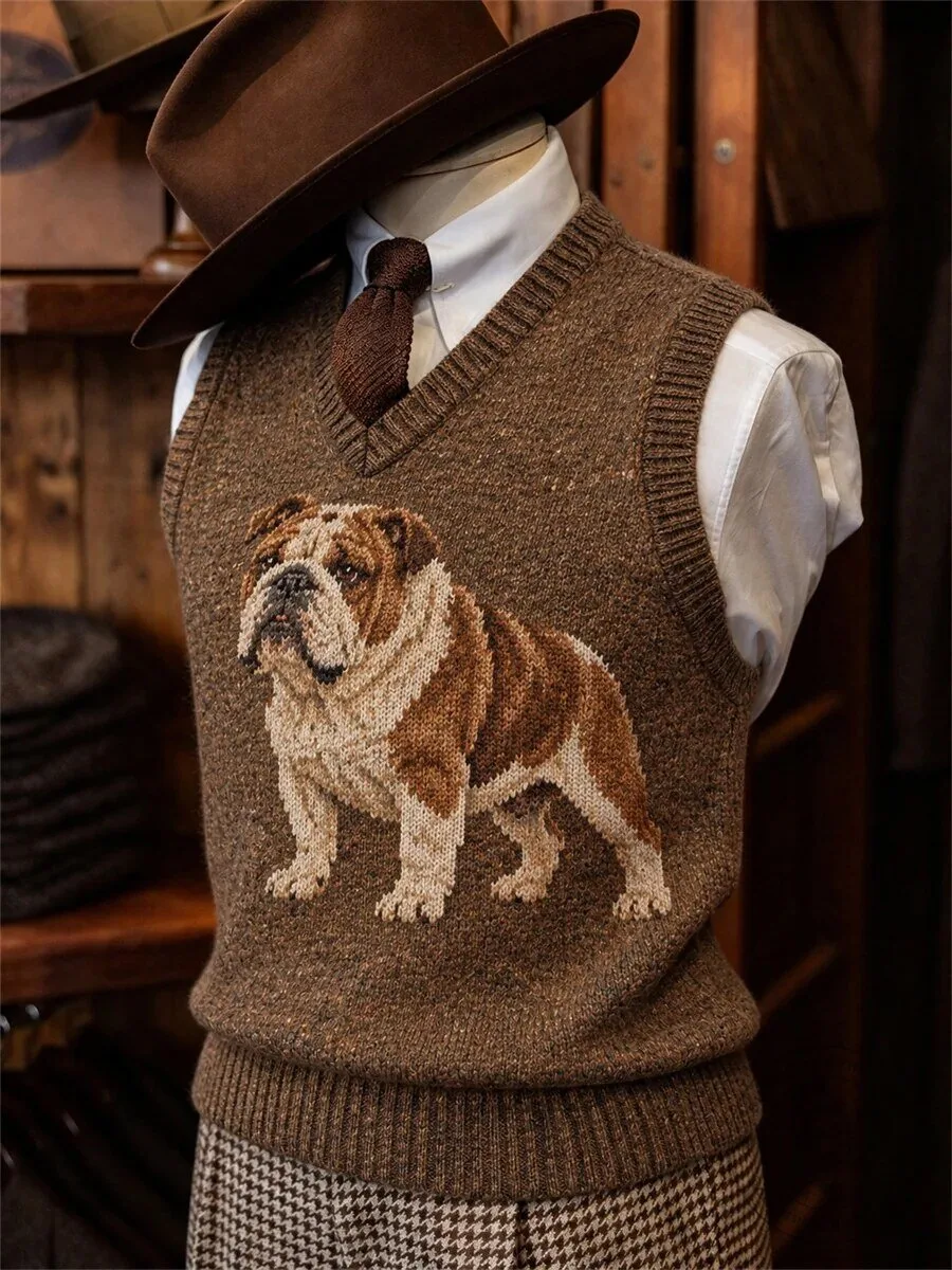 Vintage Bulldog Knit Sweater Vest for Men, Classic Brown V-Neck Sleeveless Pullover