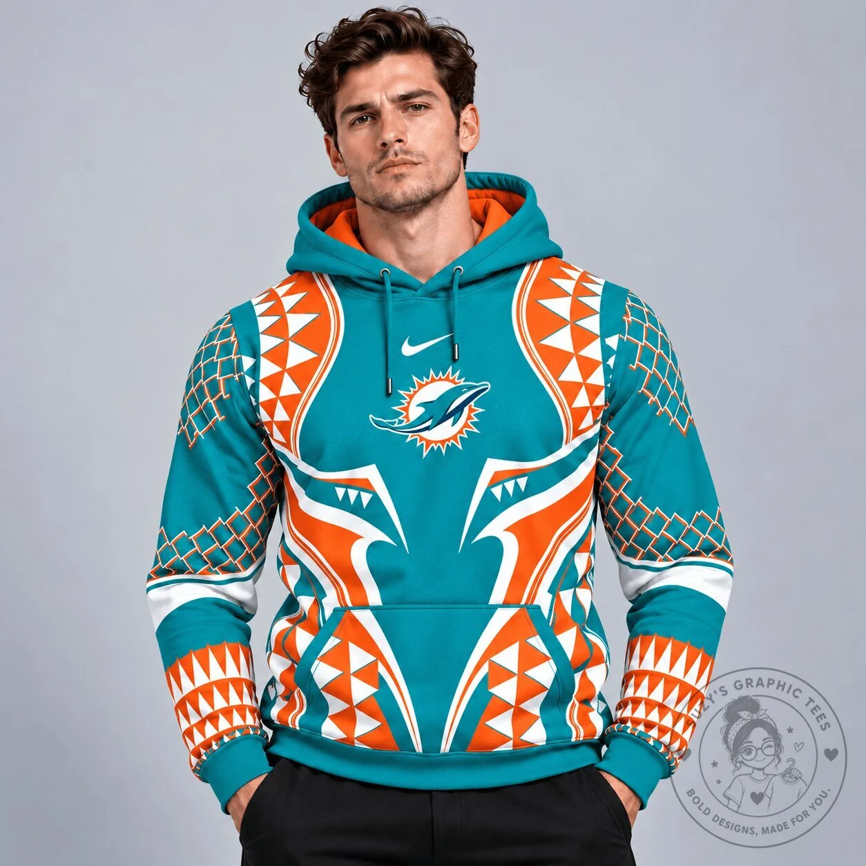 Miami Dolphins Tribal Geometric Pattern Pullover Hoodie With Bold Team Logo