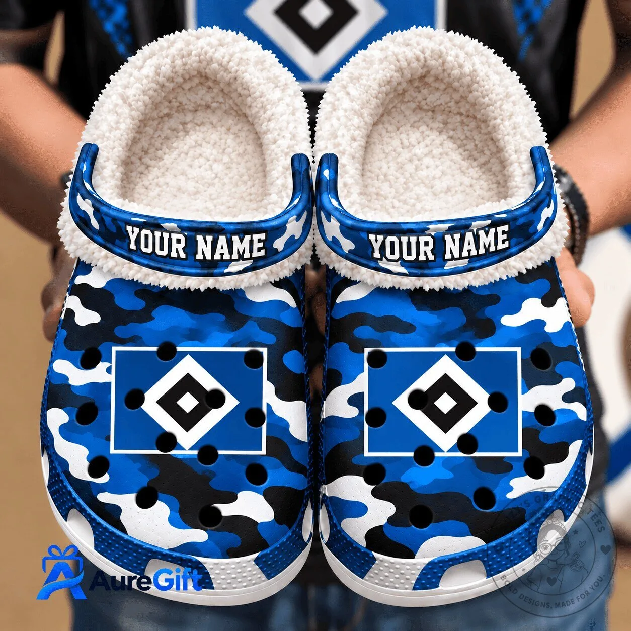 Hamburger SV Bundesliga Personalized Name Blue Camouflage Fleece Clogs
