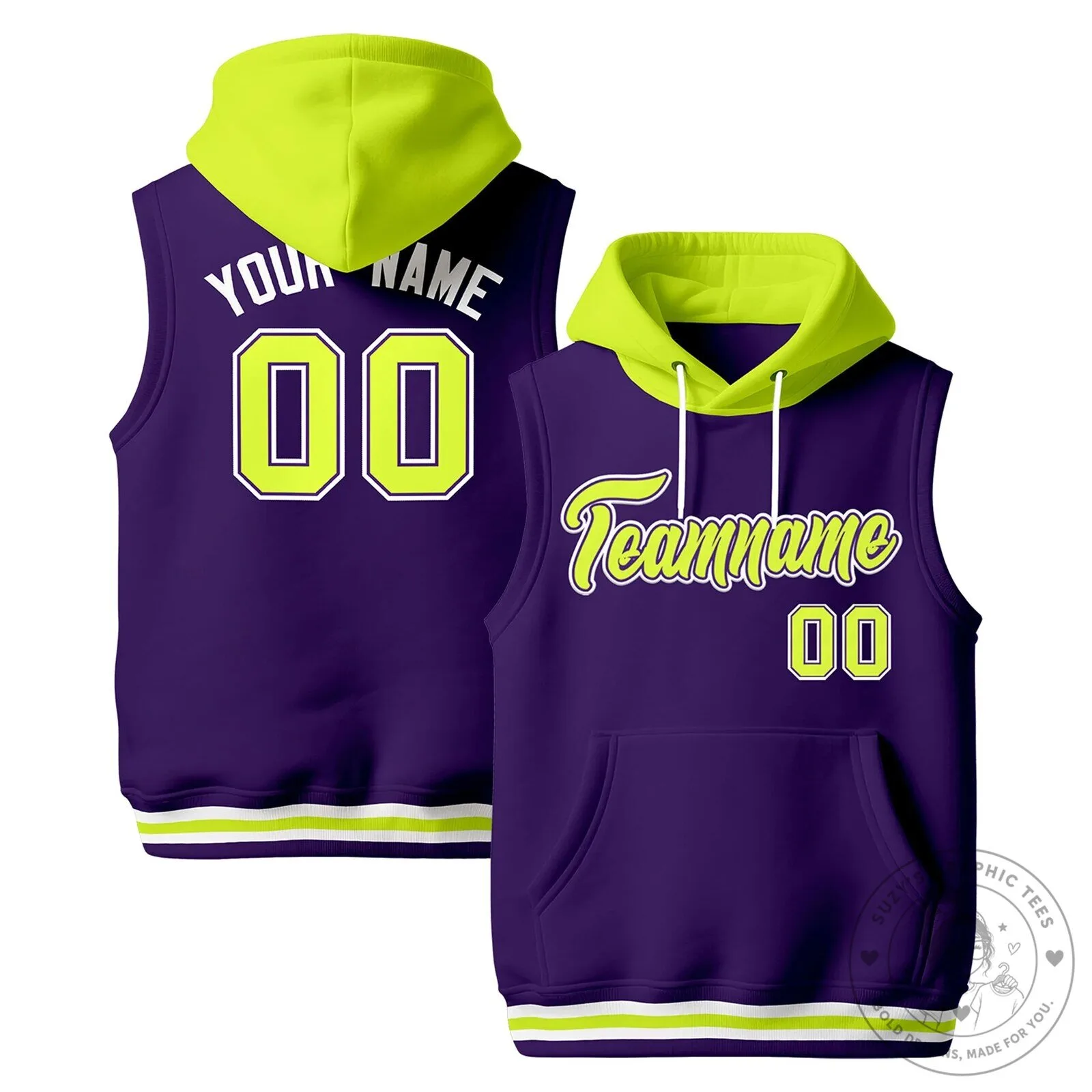 Custom Purple Fluorescent Green White Sleeveless Classic Style Hoodie