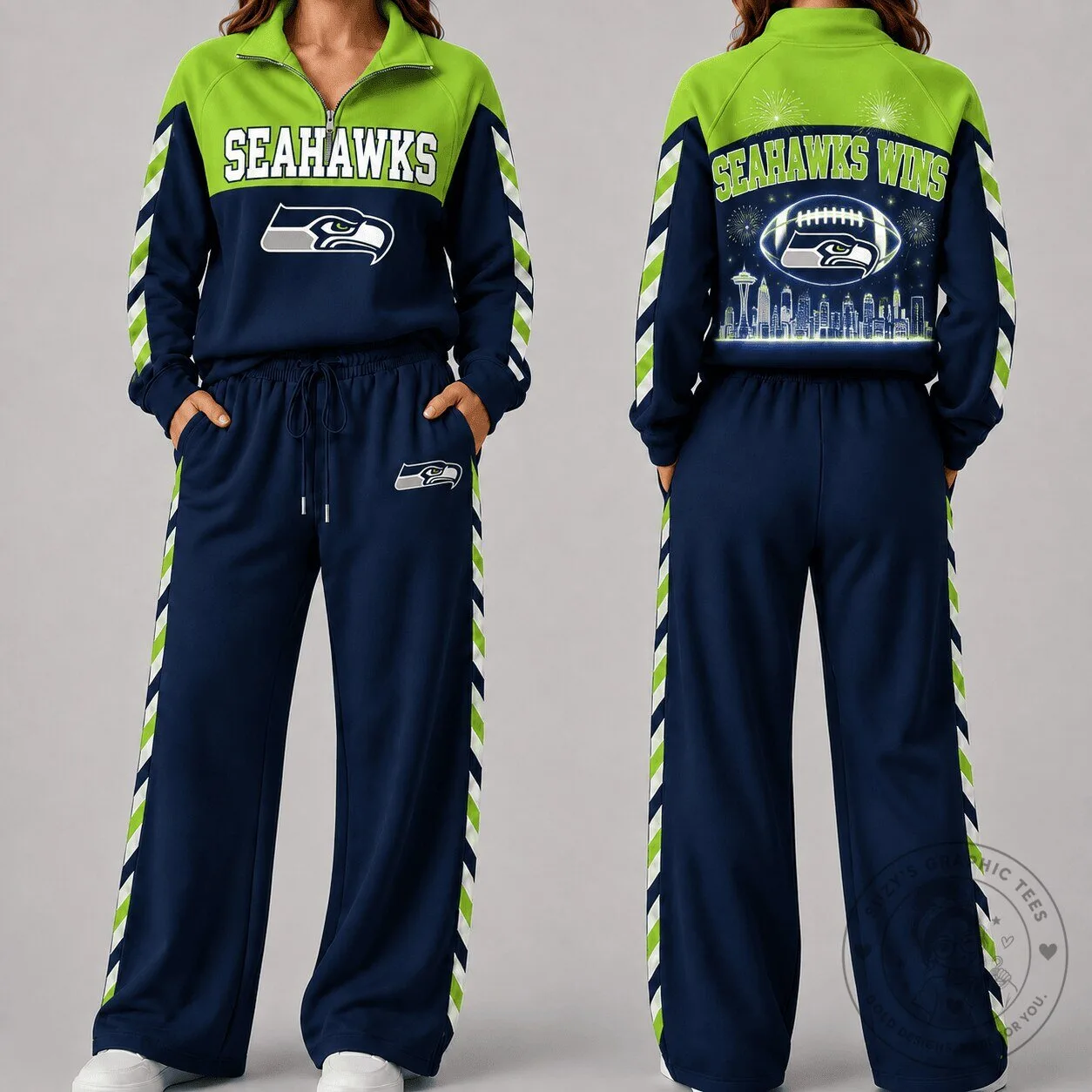 Seattle Seahawks Women's Game Day Quarter Zip Pullover and Wide Leg Pants Set