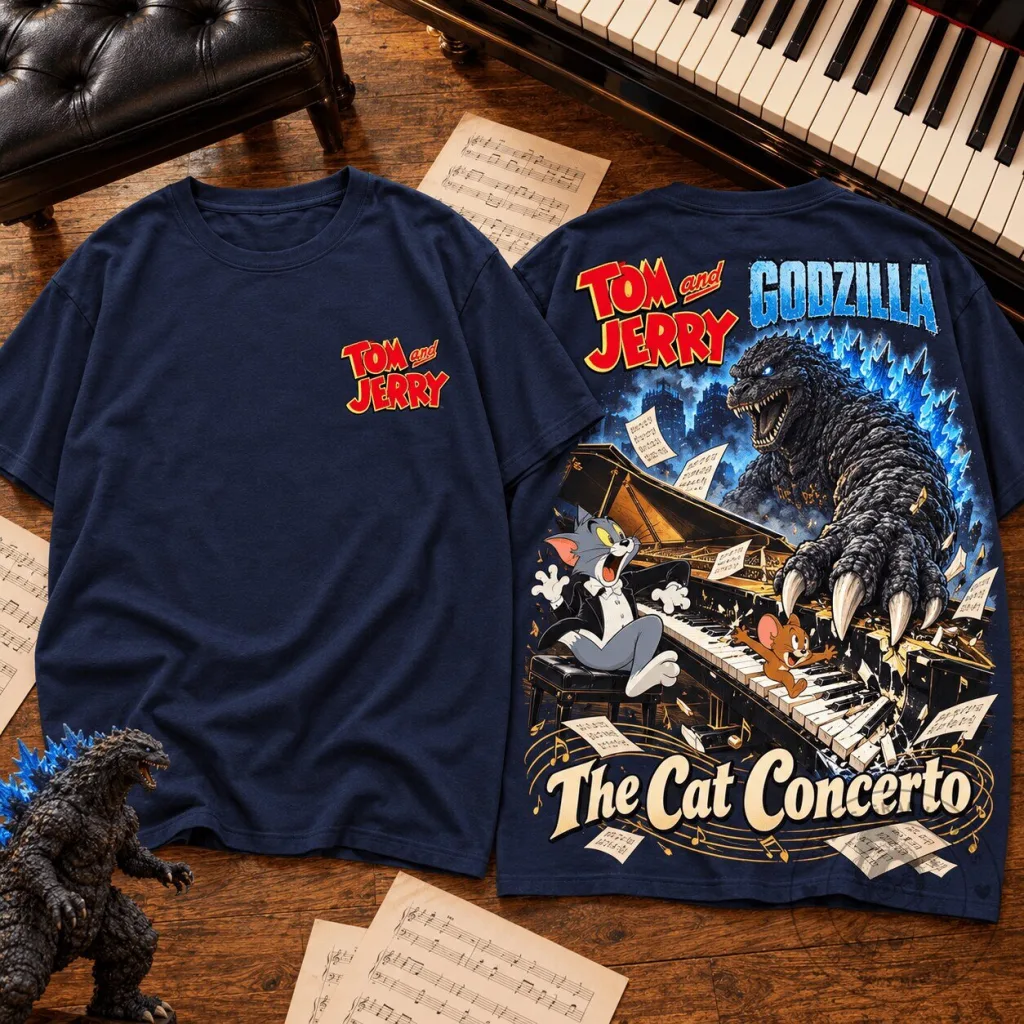 Godzilla, Tom and Jerry Cat Concerto Piano Showdown T-Shirt Godzilla, Tom and Jerry Cat Concerto Piano Showdown T-Shirt