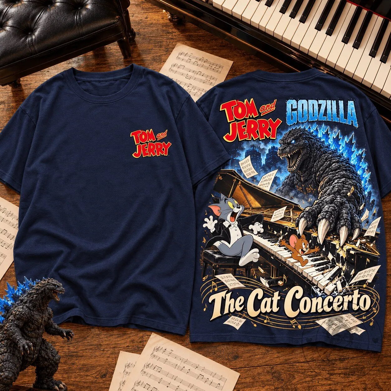 Godzilla, Tom and Jerry Cat Concerto Piano Showdown T-Shirt