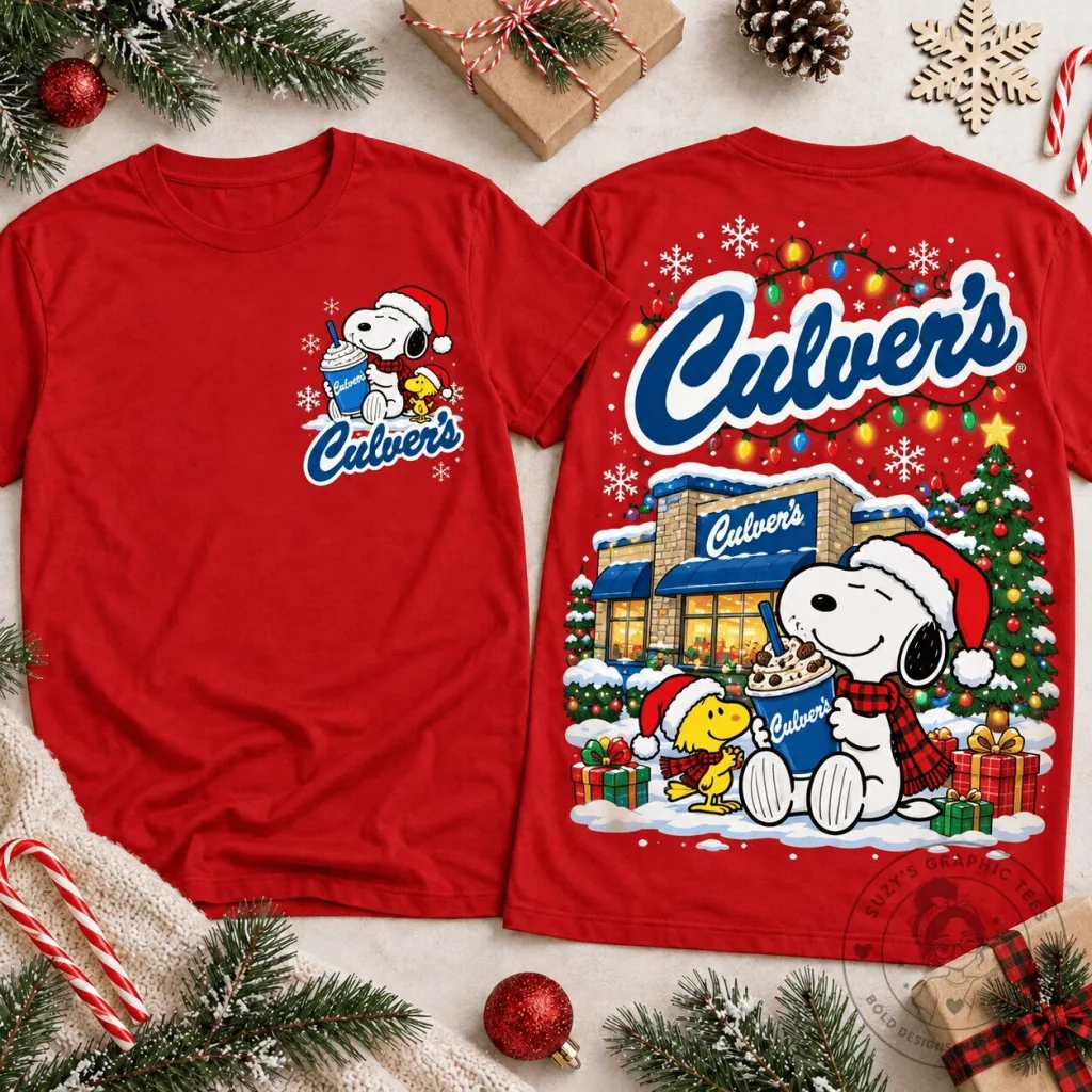 Snoopy And Woodstock Culver's Christmas Scene Holiday Red T-Shirt Snoopy And Woodstock Culver's Christmas Scene Holiday Red T-Shirt