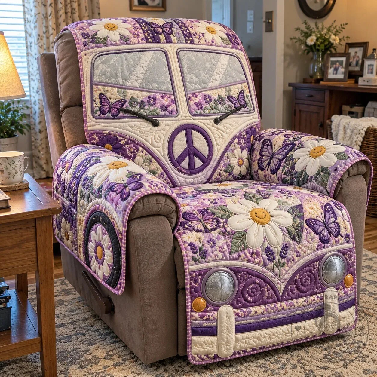 Purple Hippie Van Floral Quilted Recliner Cover