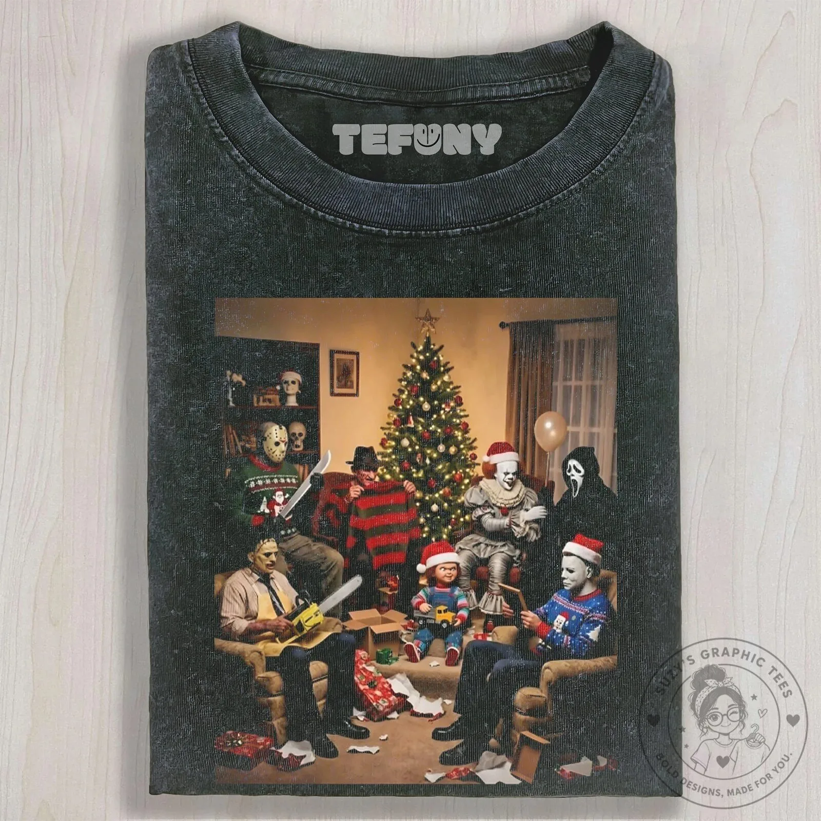 Horror Movie Icons Christmas Party Vintage Black T-Shirt