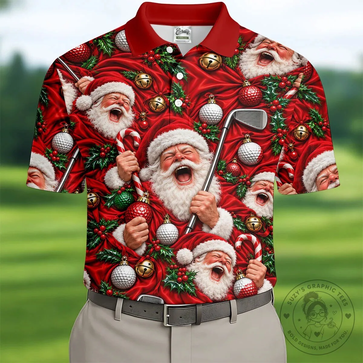 Santa Claus Golfing Christmas Holiday Pattern Men's Short Sleeve Polo Shirt