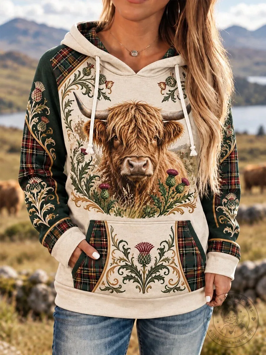 Highland Cow Thistle Plaid Print Women's Casual Pullover Hoodie with Pockets