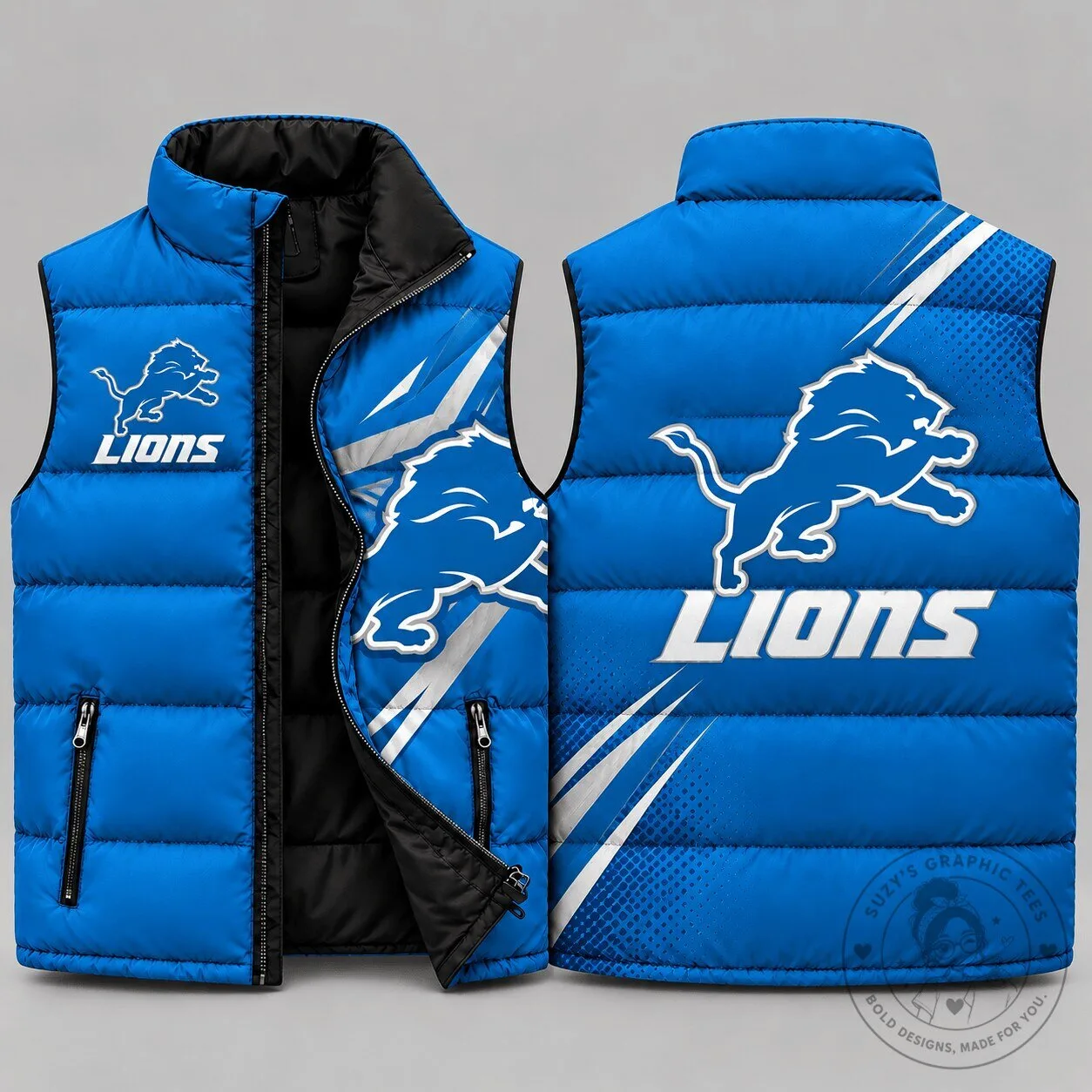 Detroit Lions Blue Lightning Strike Sleeveless Puffer Jacket for Men