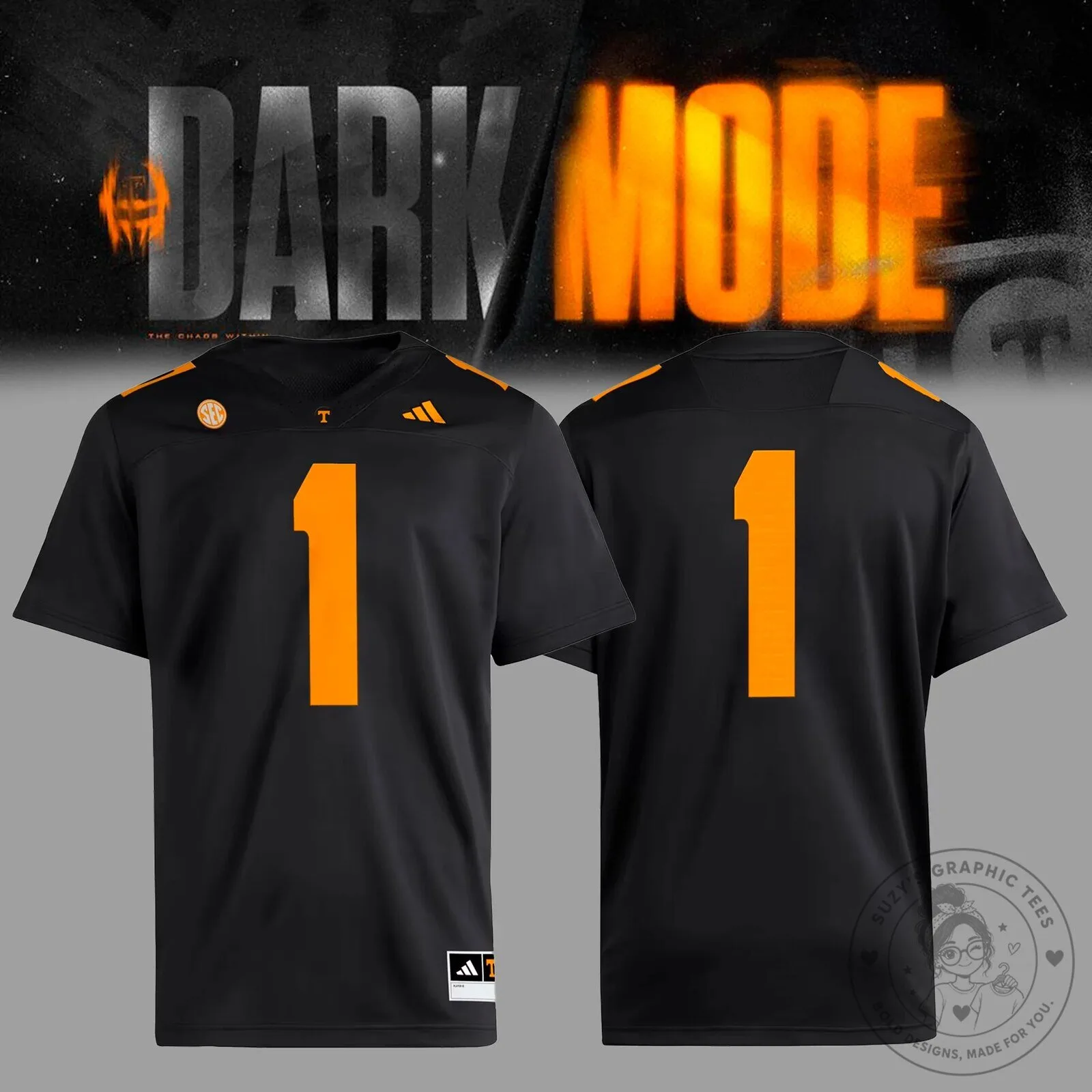 Tennessee Volunteers Football Dark Mode Black and Orange Number 1 Jersey
